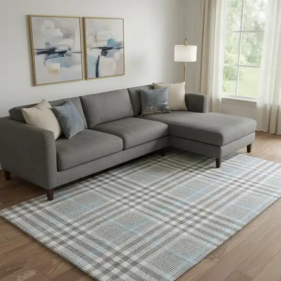 Gray Ivory And Blue Plaid Washable Area Rug With UV Protection Photo 2