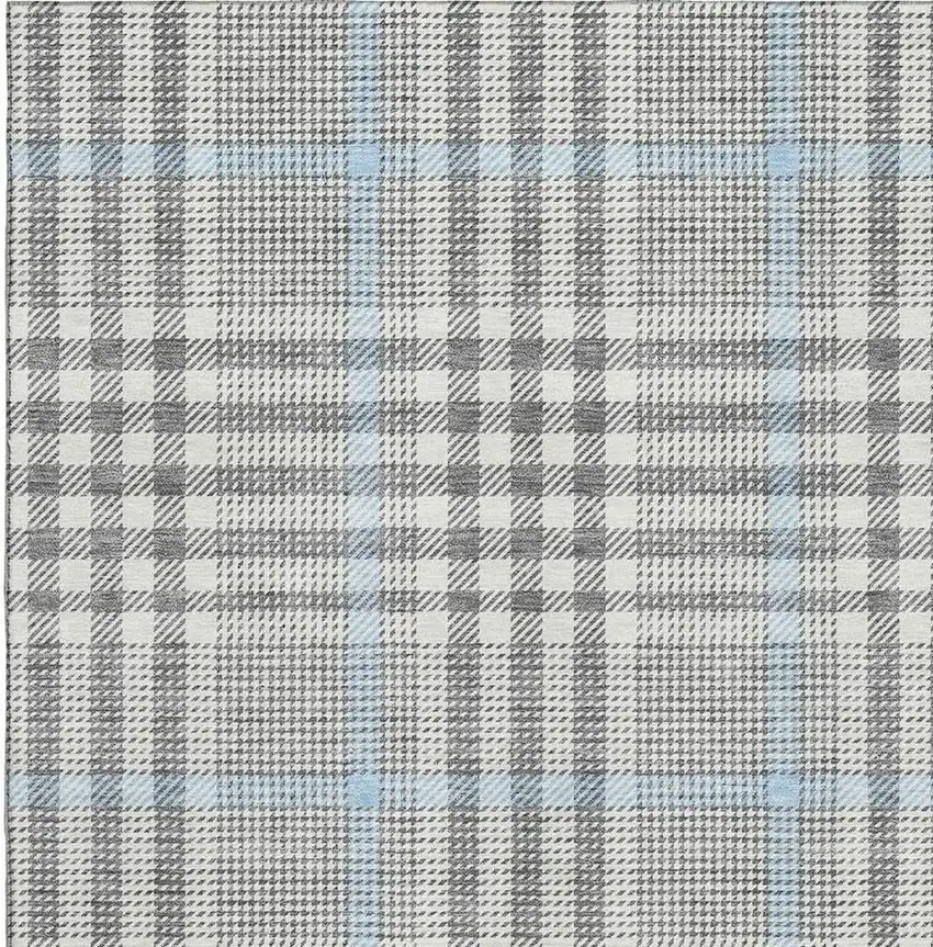 Gray Ivory And Blue Plaid Washable Area Rug With UV Protection Photo 2
