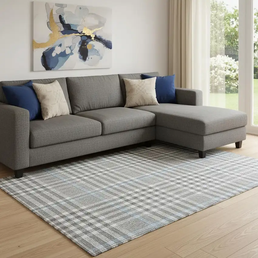 Gray Ivory And Blue Plaid Washable Area Rug With UV Protection Photo 2
