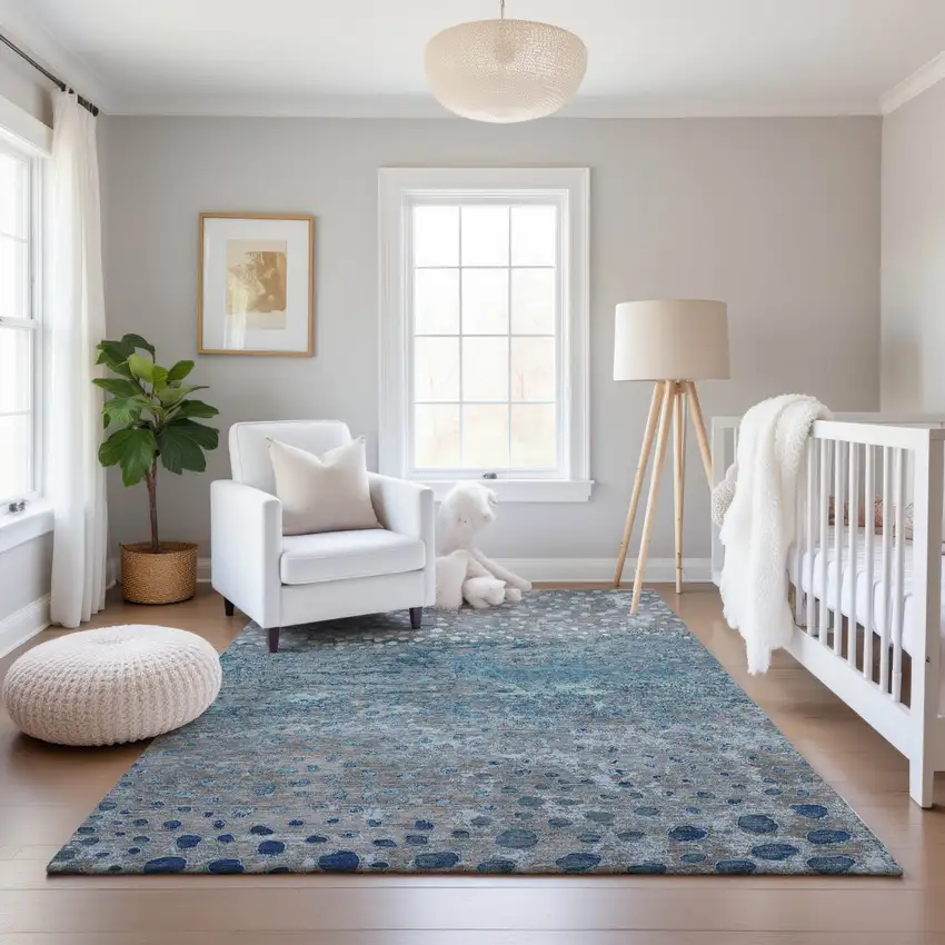 Gray Ivory And Blue Polka Dot Washable Area Rug With UV Protection Photo 5