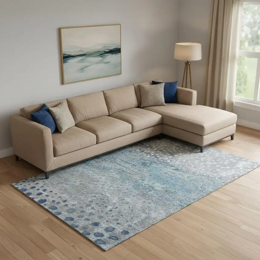 Gray Ivory And Blue Polka Dot Washable Area Rug With UV Protection Photo 2