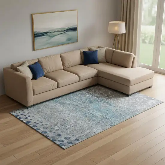 Gray Ivory And Blue Polka Dot Washable Area Rug With UV Protection Photo 2