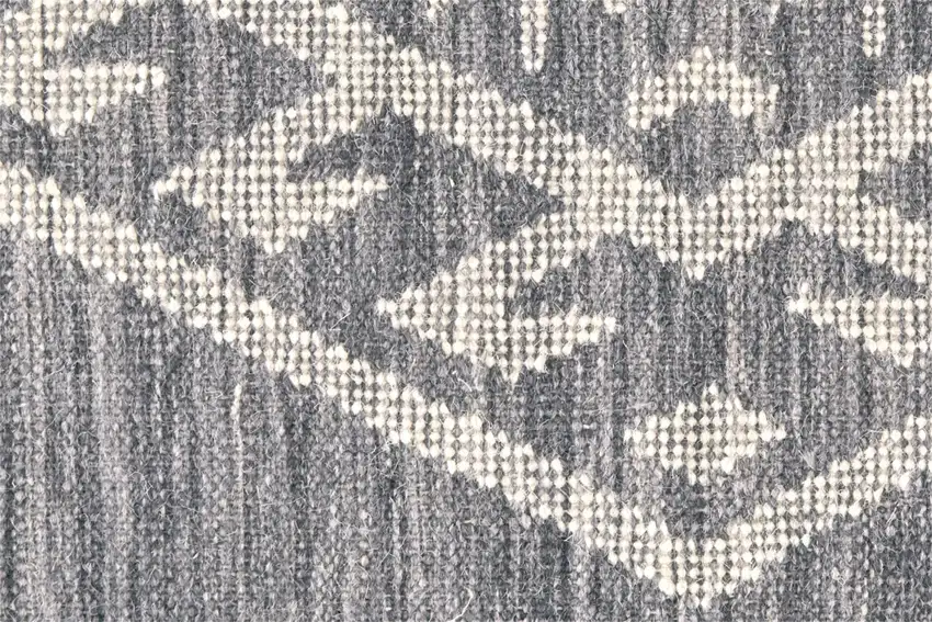 Gray Ivory And Blue Wool Geometric Dhurrie Flatweave Handmade Area Rug With Fringe Photo 8