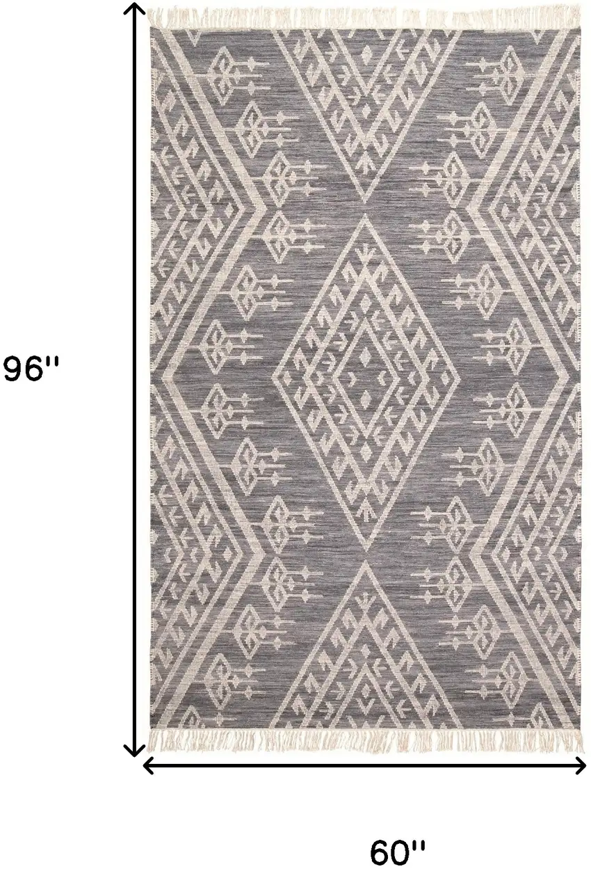 Gray Ivory And Blue Wool Geometric Dhurrie Flatweave Handmade Area Rug With Fringe Photo 10