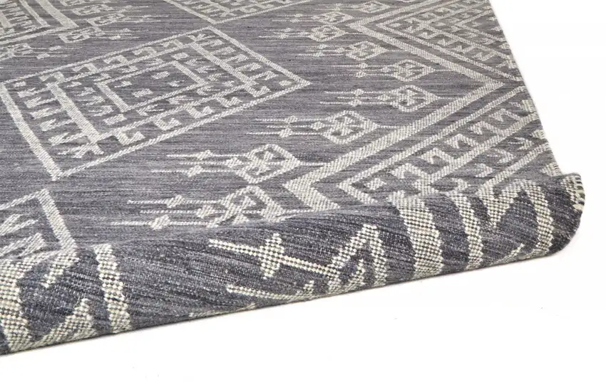 Gray Ivory And Blue Wool Geometric Dhurrie Flatweave Handmade Area Rug With Fringe Photo 6