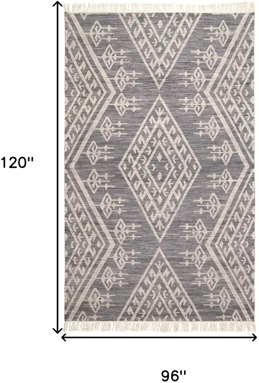 Gray Ivory And Blue Wool Geometric Dhurrie Flatweave Handmade Area Rug With Fringe Photo 10