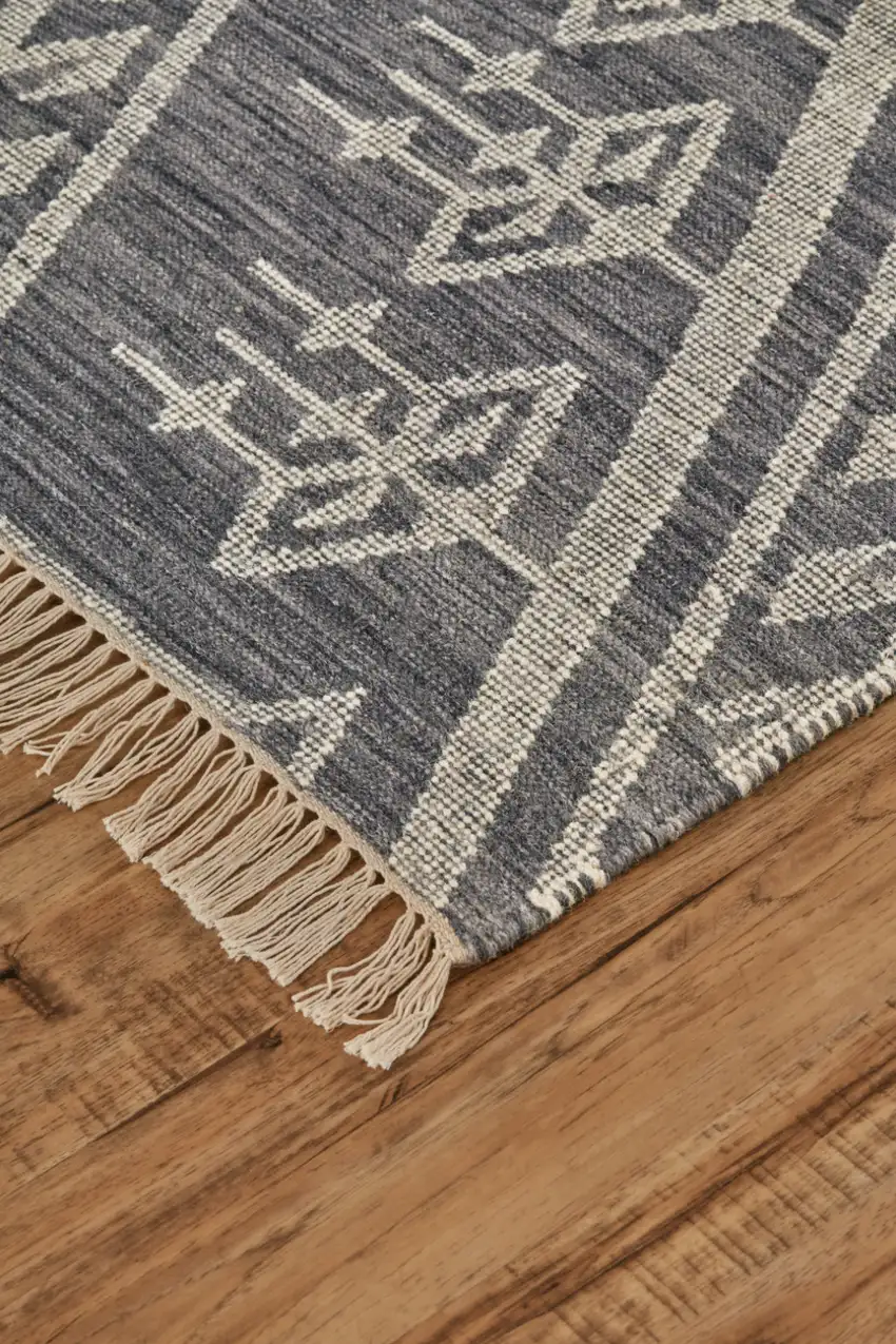 Gray Ivory And Blue Wool Geometric Dhurrie Flatweave Handmade Area Rug With Fringe Photo 7