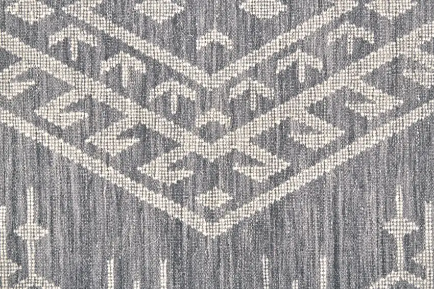 Gray Ivory And Blue Wool Geometric Dhurrie Flatweave Handmade Area Rug With Fringe Photo 9