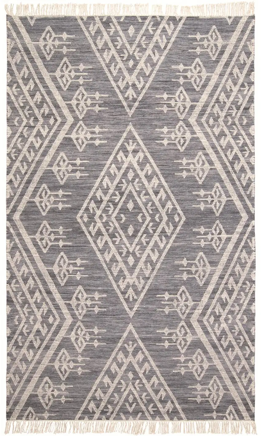 Gray Ivory And Blue Wool Geometric Dhurrie Flatweave Handmade Area Rug With Fringe Photo 1