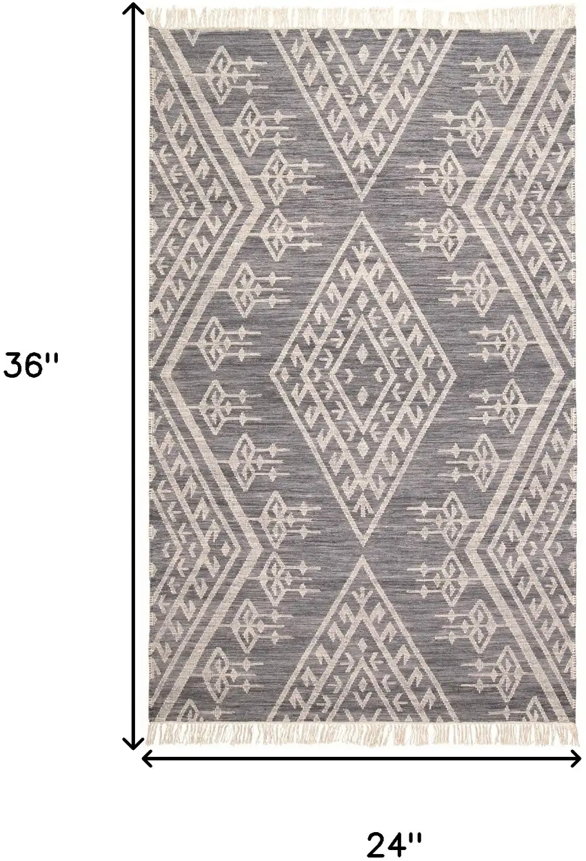 Gray Ivory And Blue Wool Geometric Dhurrie Flatweave Handmade Area Rug With Fringe Photo 1