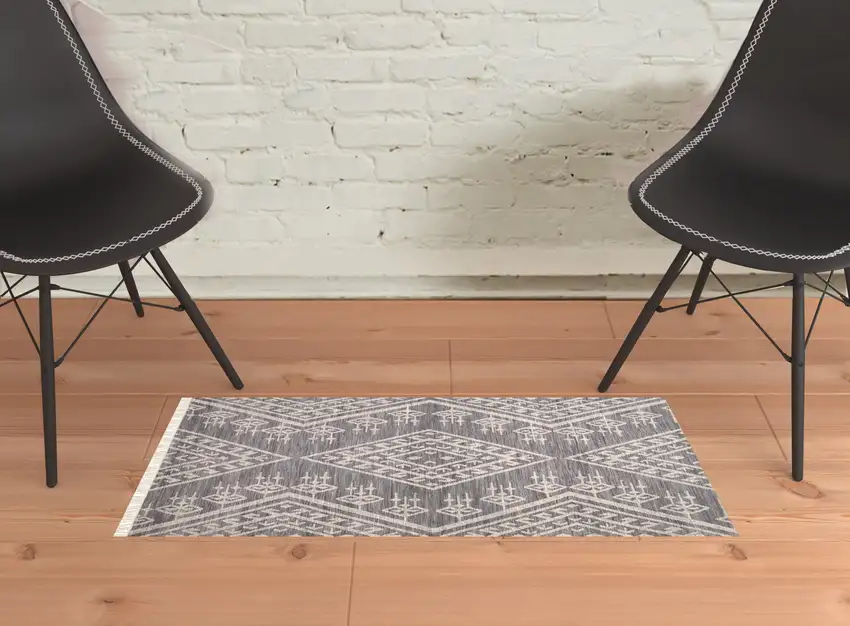 Gray Ivory And Blue Wool Geometric Dhurrie Flatweave Handmade Area Rug With Fringe Photo 7
