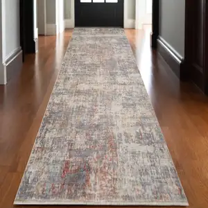 Photo of Gray Ivory And Brick Red Floral Medallion Runner Rug With Fringe