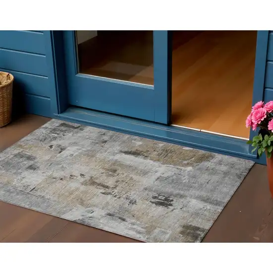 Gray Ivory And Brown Abstract Washable Indoor Outdoor Area Rug Photo 1