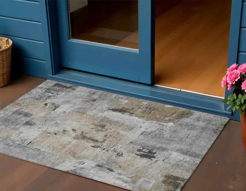 Gray Ivory And Brown Abstract Washable Indoor Outdoor Area Rug Photo 1