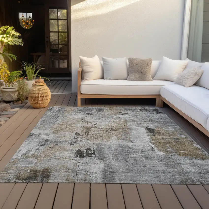 Gray Ivory And Brown Abstract Washable Indoor Outdoor Area Rug Photo 7