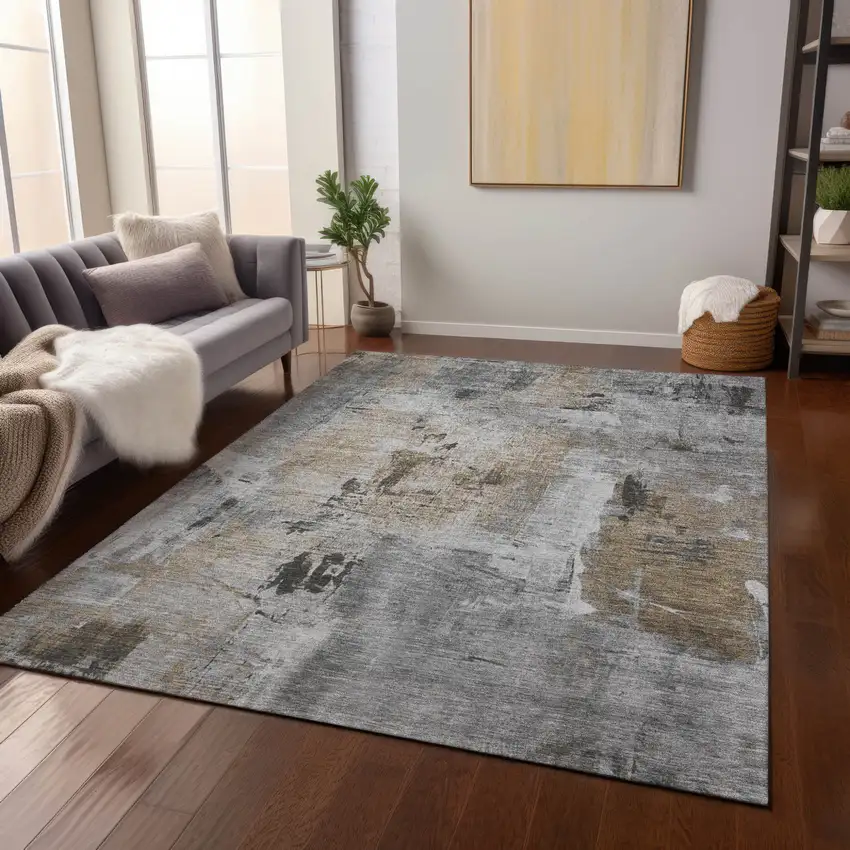 Gray Ivory And Brown Abstract Washable Indoor Outdoor Area Rug Photo 8