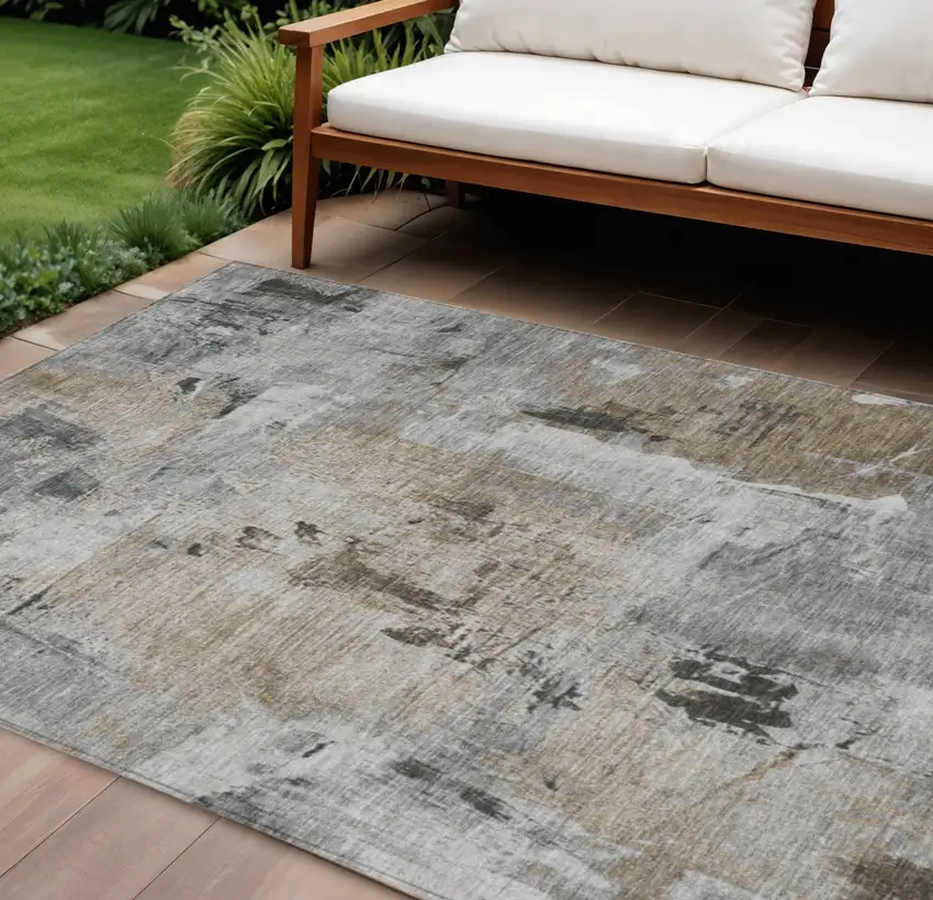 Gray Ivory And Brown Abstract Washable Indoor Outdoor Area Rug Photo 1