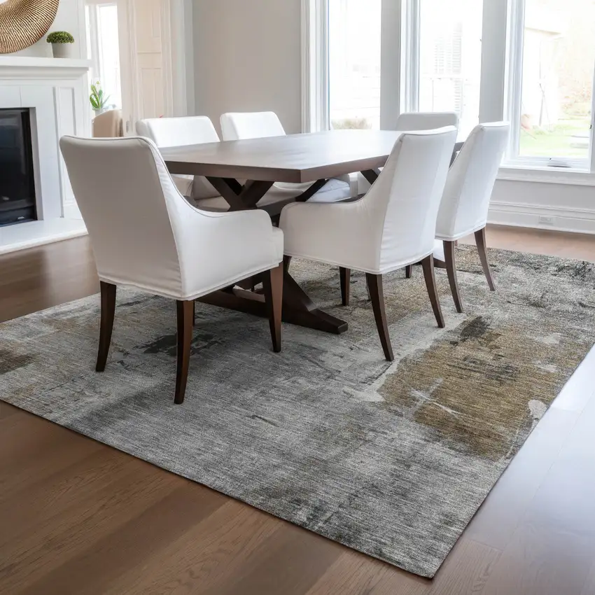 Gray Ivory And Brown Abstract Washable Indoor Outdoor Area Rug Photo 9