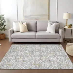 Photo of Gray Ivory And Brown Floral Washable Indoor Outdoor Area Rug