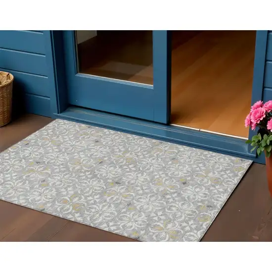 Gray Ivory And Brown Floral Washable Indoor Outdoor Area Rug Photo 1