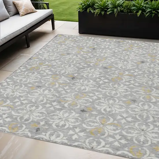 Gray Ivory And Brown Floral Washable Indoor Outdoor Area Rug Photo 1