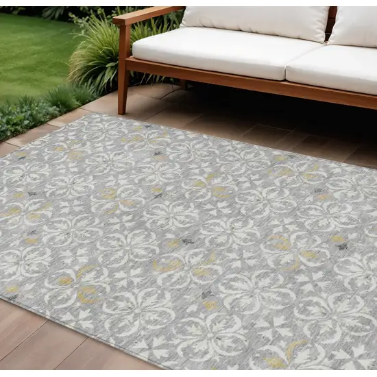 Gray Ivory And Brown Floral Washable Indoor Outdoor Area Rug Photo 1