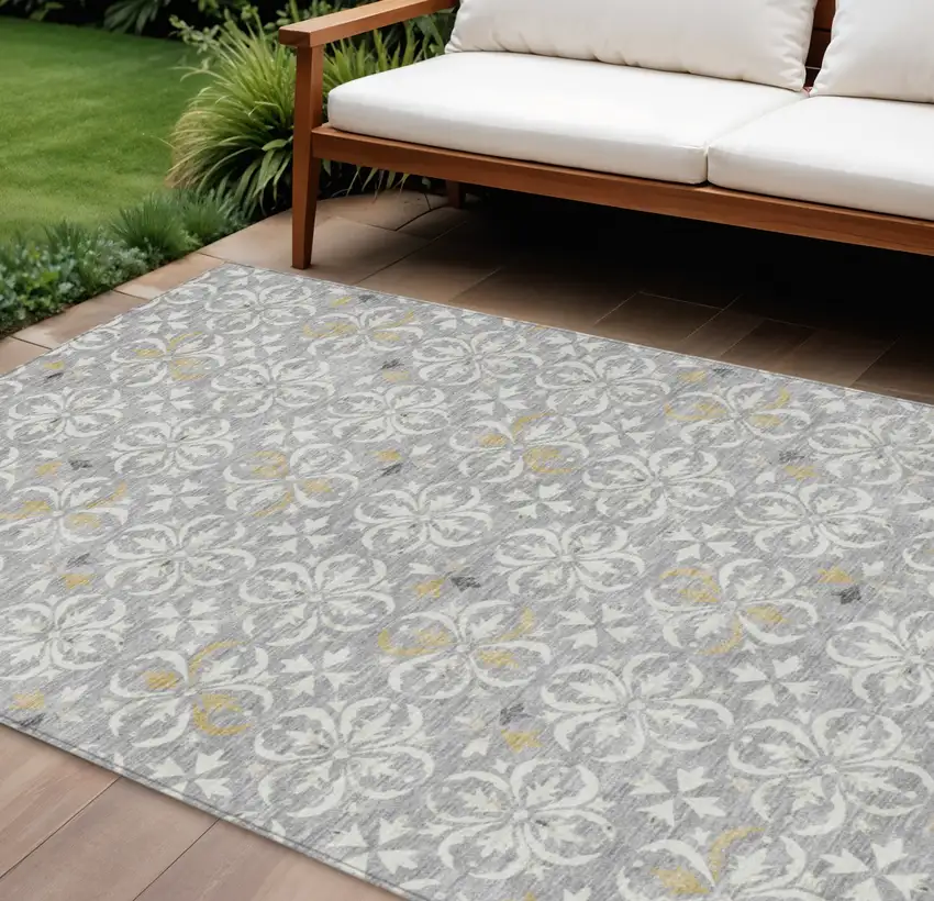 Gray Ivory And Brown Floral Washable Indoor Outdoor Area Rug Photo 1