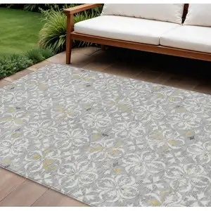 Photo of Gray Ivory And Brown Floral Washable Indoor Outdoor Area Rug