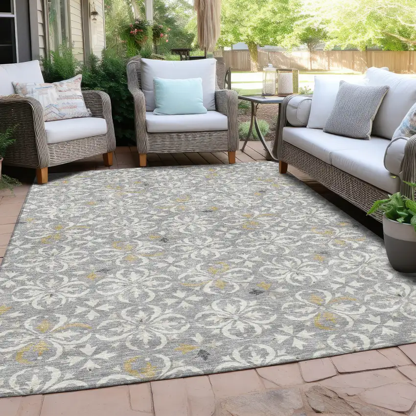 Gray Ivory And Brown Floral Washable Indoor Outdoor Area Rug Photo 8