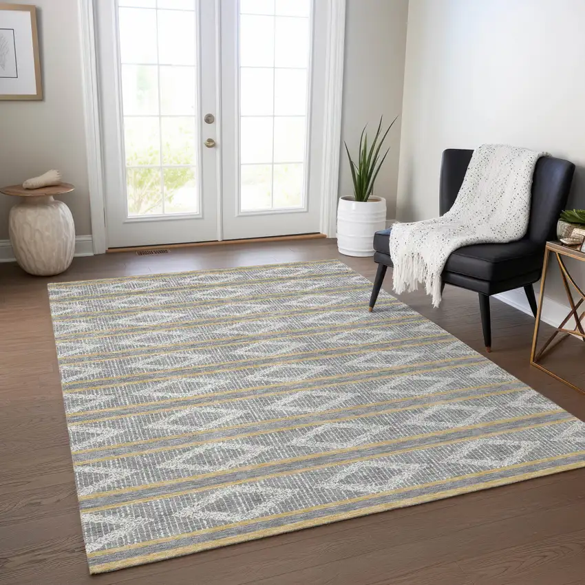 Gray Ivory And Brown Geometric Washable Indoor Outdoor Area Rug Photo 9