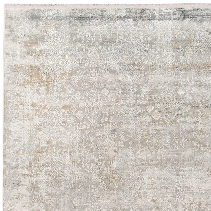 Gray Ivory And Brown Medallion Area Rug With Fringe Photo 6