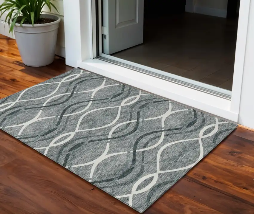Gray Ivory And Charcoal Abstract Washable Indoor Outdoor Area Rug Photo 1