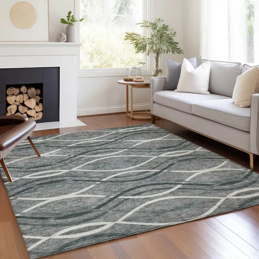 Gray Ivory And Charcoal Abstract Washable Indoor Outdoor Area Rug Photo 7