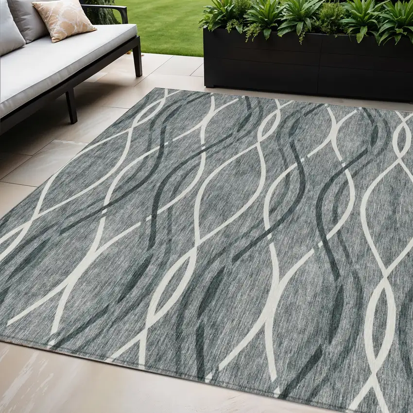 Gray Ivory And Charcoal Abstract Washable Indoor Outdoor Area Rug Photo 1