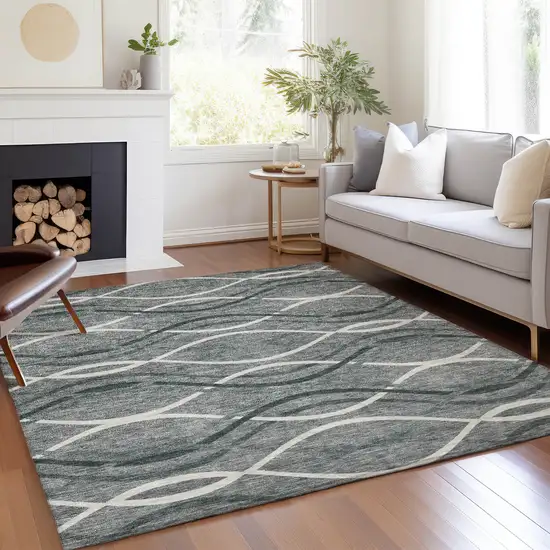 Gray Ivory And Charcoal Abstract Washable Indoor Outdoor Area Rug Photo 6