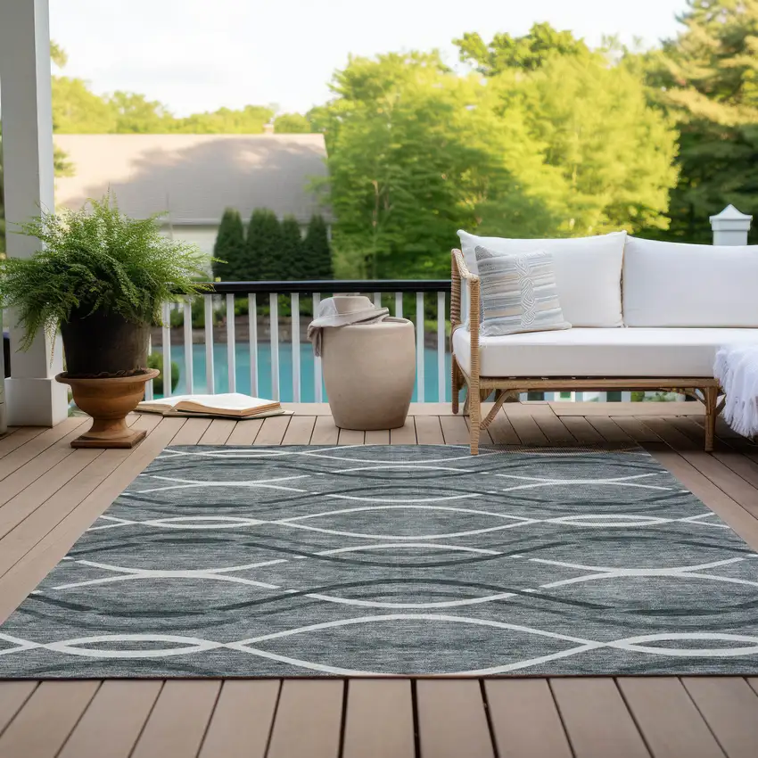 Gray Ivory And Charcoal Abstract Washable Indoor Outdoor Area Rug Photo 9