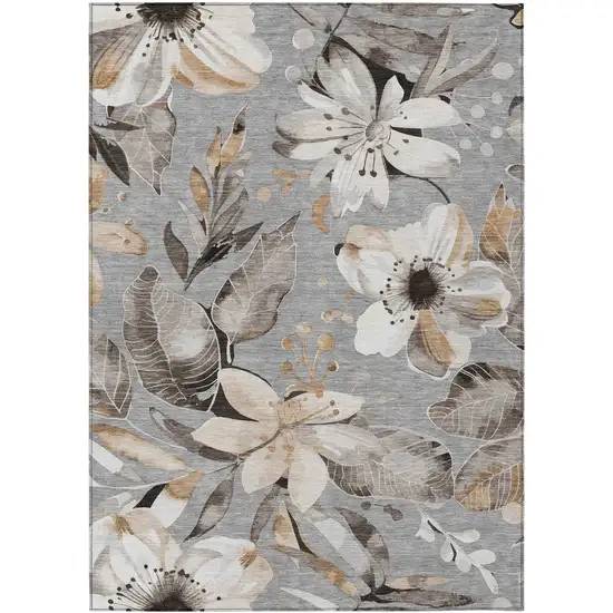 Gray Ivory And Charcoal Floral Washable Indoor Outdoor Area Rug Photo 2