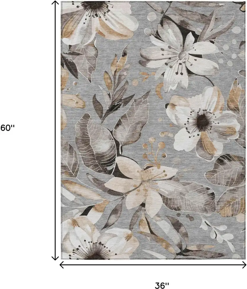 Gray Ivory And Charcoal Floral Washable Indoor Outdoor Area Rug Photo 3