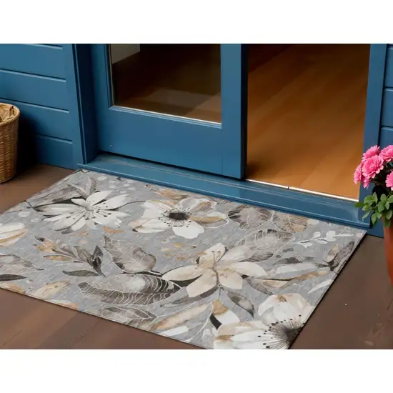 Gray Ivory And Charcoal Floral Washable Indoor Outdoor Area Rug Photo 1