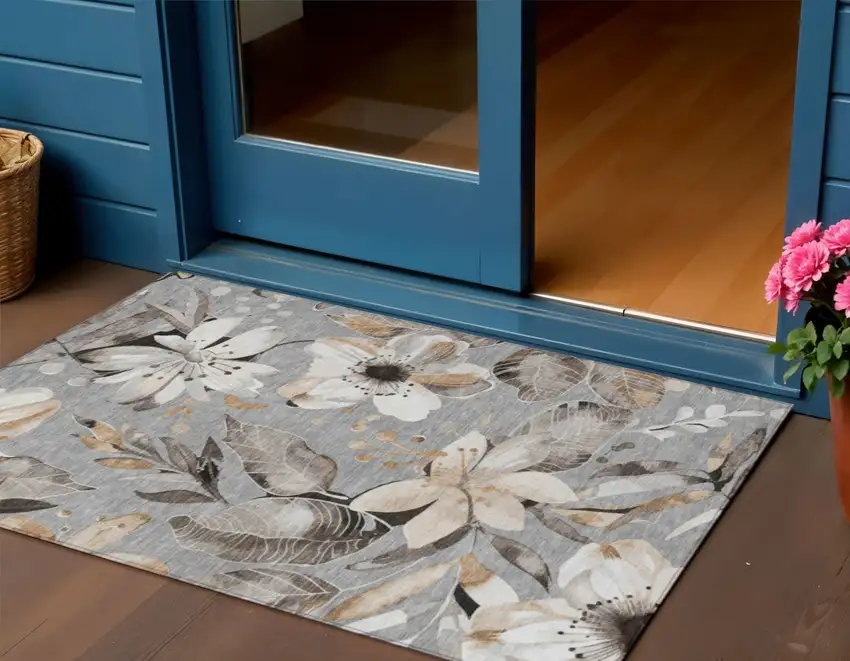 Gray Ivory And Charcoal Floral Washable Indoor Outdoor Area Rug Photo 1