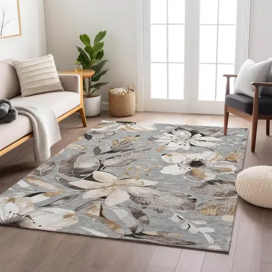 Gray Ivory And Charcoal Floral Washable Indoor Outdoor Area Rug Photo 9
