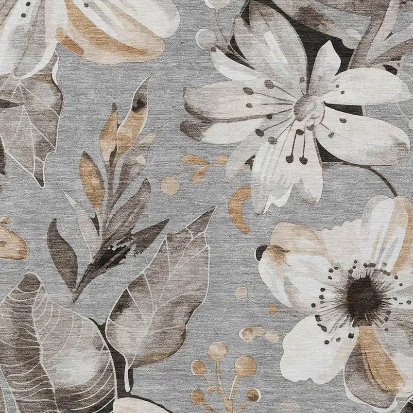 Gray Ivory And Charcoal Floral Washable Indoor Outdoor Area Rug Photo 6