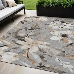 Photo of Gray Ivory And Charcoal Floral Washable Indoor Outdoor Area Rug