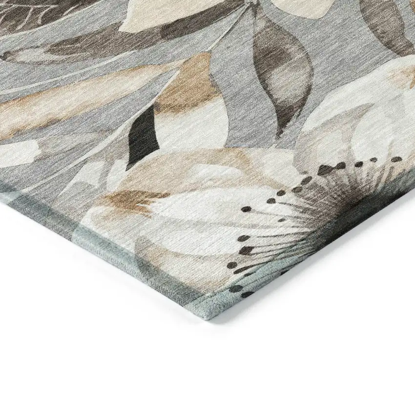 Gray Ivory And Charcoal Floral Washable Indoor Outdoor Area Rug Photo 5