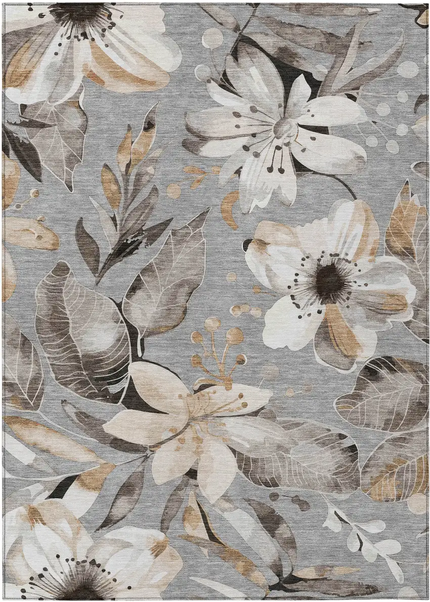 Gray Ivory And Charcoal Floral Washable Indoor Outdoor Area Rug Photo 2