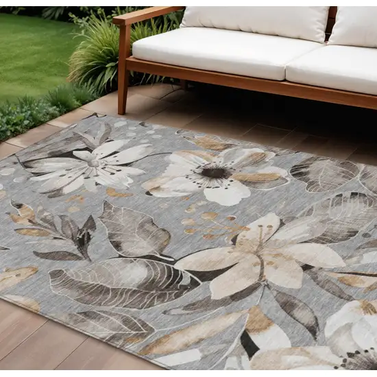 Gray Ivory And Charcoal Floral Washable Indoor Outdoor Area Rug Photo 1
