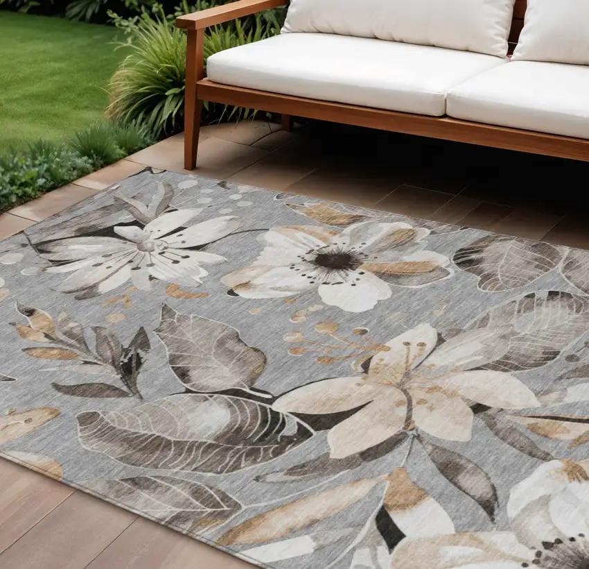 Gray Ivory And Charcoal Floral Washable Indoor Outdoor Area Rug Photo 1