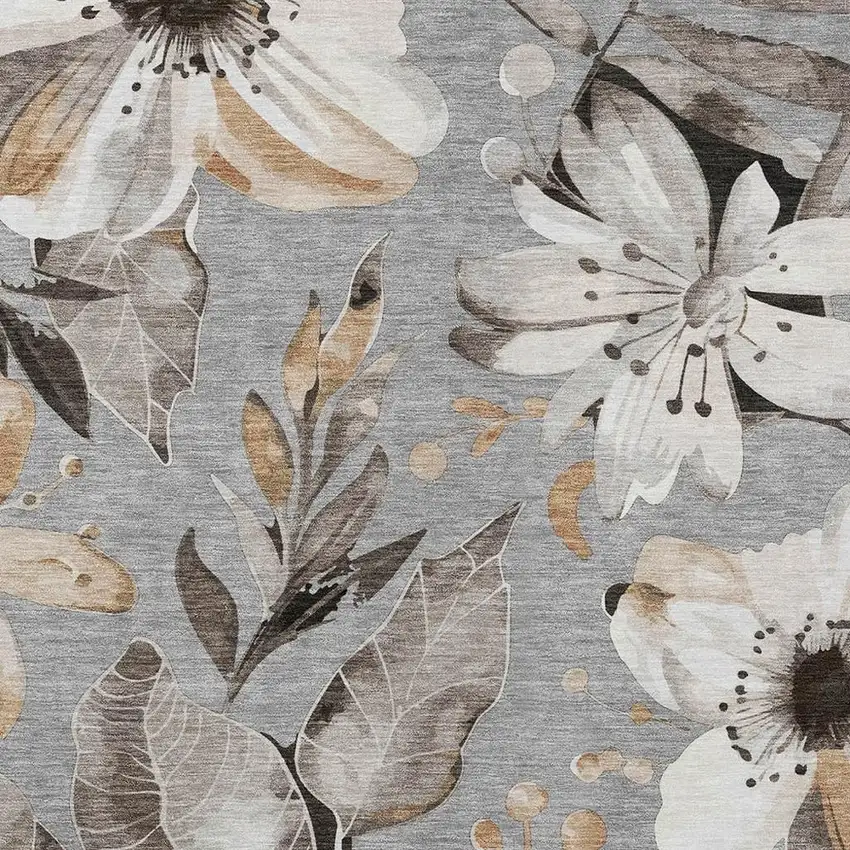 Gray Ivory And Charcoal Floral Washable Indoor Outdoor Area Rug Photo 6