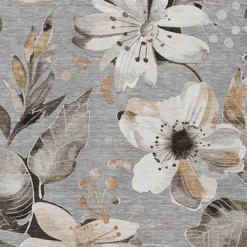 Gray Ivory And Charcoal Floral Washable Indoor Outdoor Area Rug Photo 6