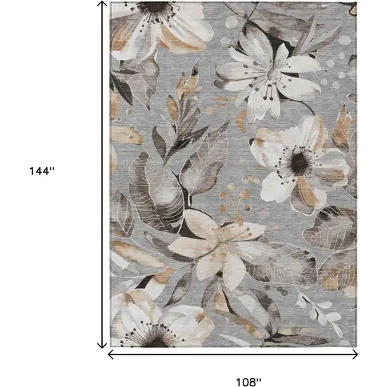 Gray Ivory And Charcoal Floral Washable Indoor Outdoor Area Rug Photo 3